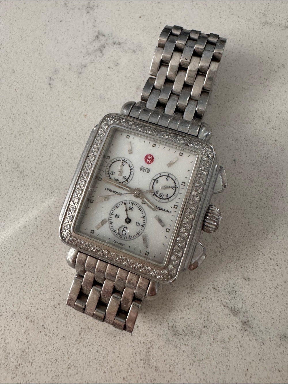 Michele Silver-Tone Diamond Accent Square Chronograph Watch